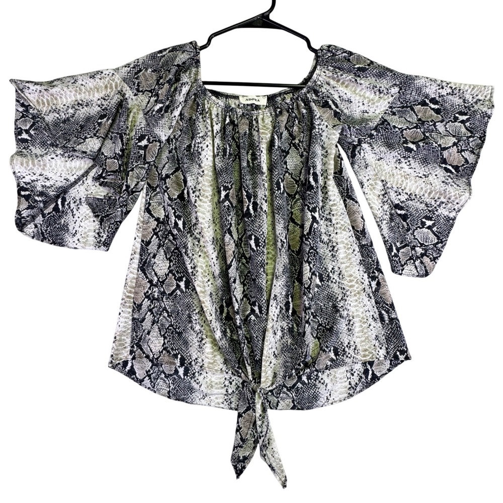 Adora Blouse Shirt Women's Medium Snake Print Bell Sleeve Grey Off Shoulder‎